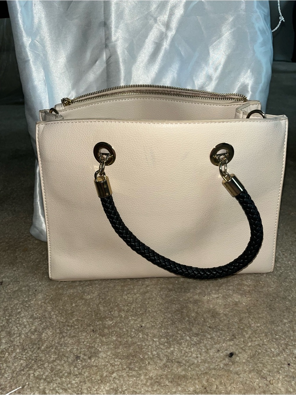 Cream Top-Zip Tote with Braided Black Handles
